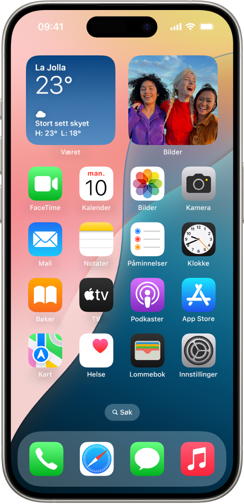 Et skjermbilde viser et eksempel på Hjem-skjermen som følger med iOS 18.