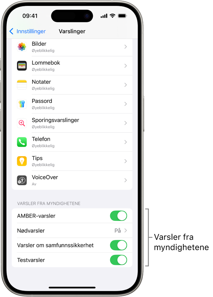 Varslinger-skjermen, som viser Varsler fra myndigheter, som du kan slå på for å motta varsler fra myndighetene.