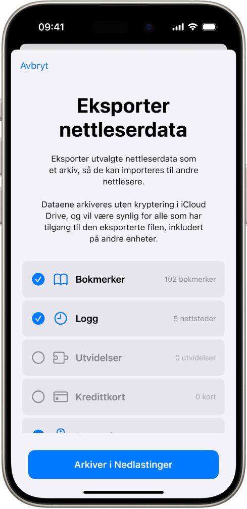 Eksporter nettleserdata-skjermen viser data du kan eksportere fra Safari til en annen nettleser.