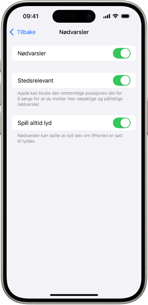 Nødvarsler-skjermen med Nødvarsler, Stedsrelevant og Spill alltid lyd slått på.