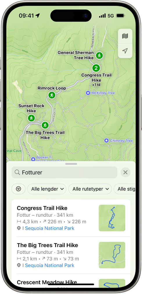 Kart-appen viser resultater for et søk etter fotturer i en nasjonalpark.