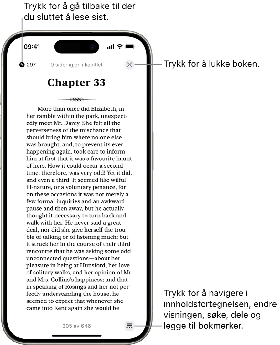 En bokside i Bøker-appen. Øverst på skjermen vises knappene for å gå tilbake til siden du begynte å lese på og for å lukke boken. Meny-knappen vises nederst til høyre på skjermen.