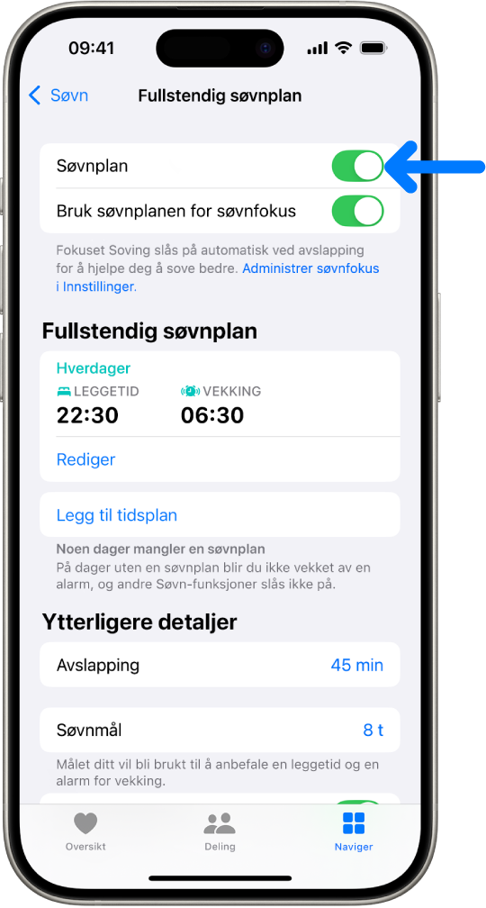 Full søvnplan-skjermen i Helse-appen, med Søvnplan slått på øverst.