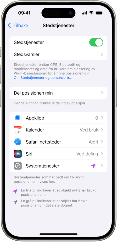 Stedstjenester-skjermen med innstillinger for å dele iPhonens posisjon med apper.