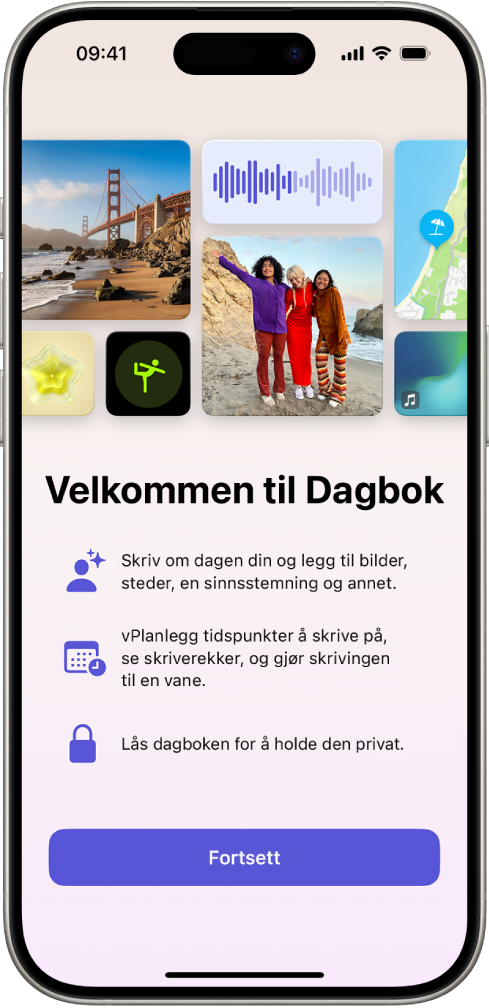 Velkomstskjermen i Dagbok-appen.