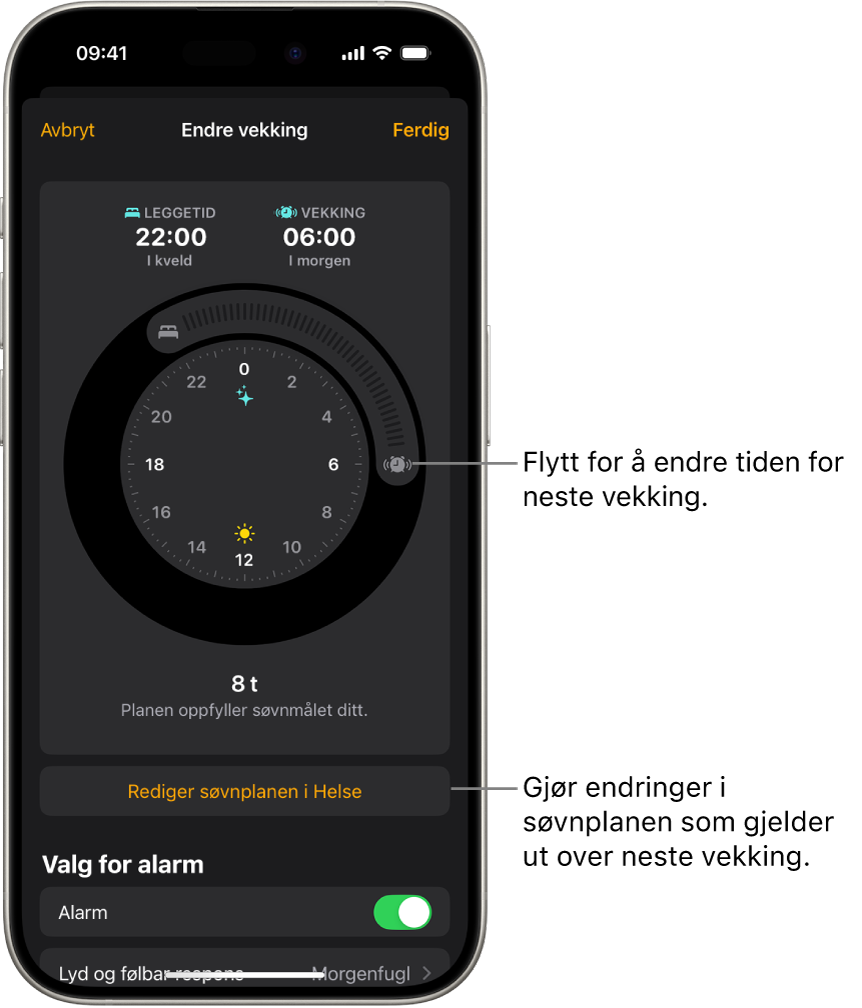En skjerm for å endre neste Vekking-alarm. Plasseringen til vekkeklokke-knappen angir tiden for alarmen.