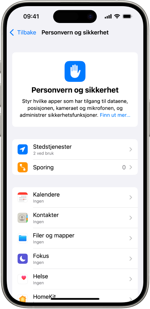 Personvern og sikkerhet-skjermen, med innstillinger for Stedstjenester og Sporing, og innstillinger for å bestemme hvilke apper som skal ha tilgang til dataene dine.
