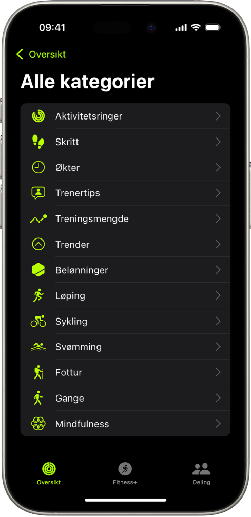 Mosjon-skjermen som viser en liste over mosjonskategorier.