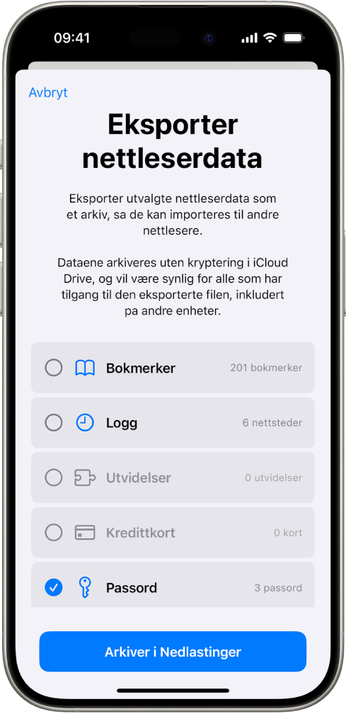 Eksporter nettleserdata-skjermen med Passord-valget markert for eksport til en annen passordhåndterer.
