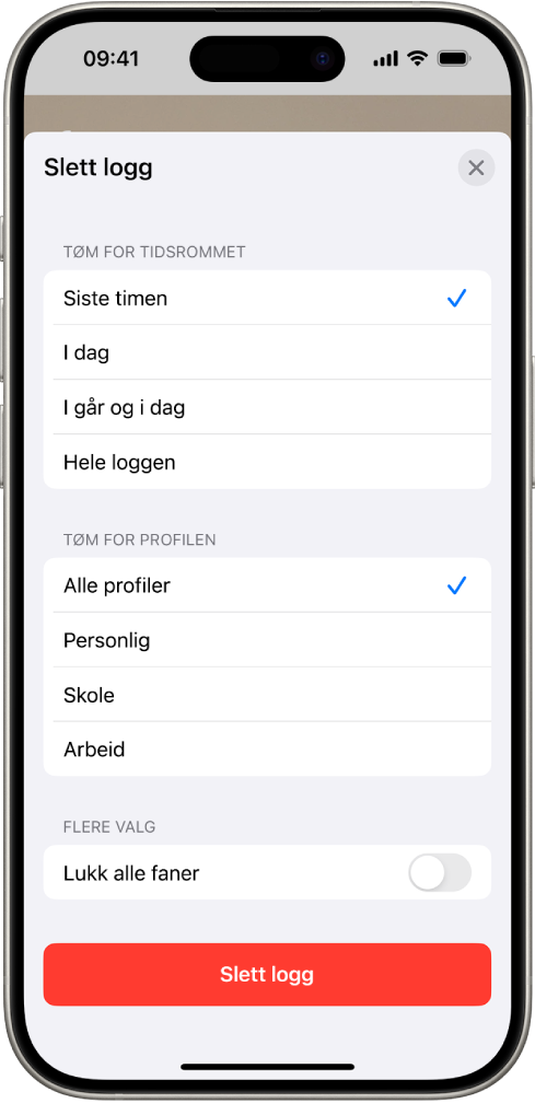 Tøm logg-menyen. Den siste timen er markert under Tøm for tidsrommet. Alle profiler er markert under Tøm for profilen. Tøm logg-knappen vises nederst på skjermen.