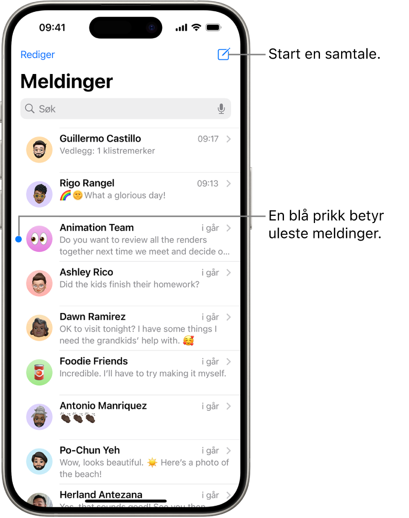 Meldinger-samtalelisten, med Ny melding-knappen øverst til høyre. En blå prikk til venstre for meldingen indikerer at den er ulest.