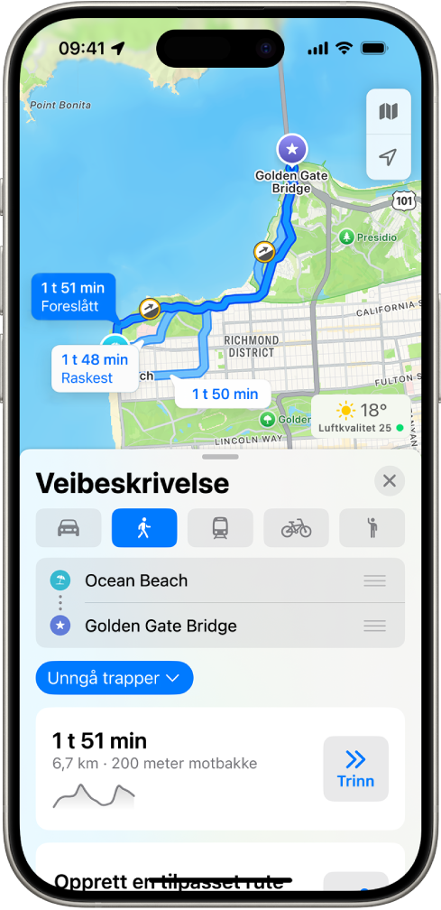 Et kart som viser en gårute. Rutekortet nederst viser detaljer for ruten, inkludert beregnet reisetid og høydeendringer. En Start-knapp vises til høyre for reisedetaljene.