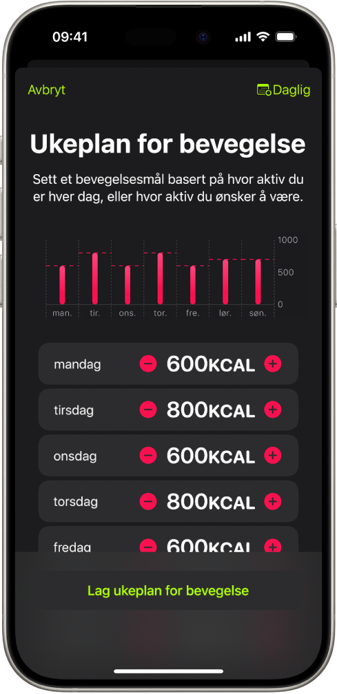 Skjermen for Ukeplan for bevegelse i Mosjon-appen viser knapper for å øke eller redusere bevegelsesmålet basert på ukedag.