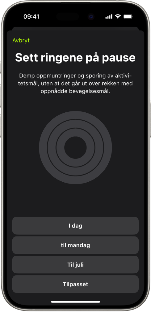 Sett ringene på pause-skjermen i Mosjon, som viser valg for å sette aktivitetsringer på pause.
