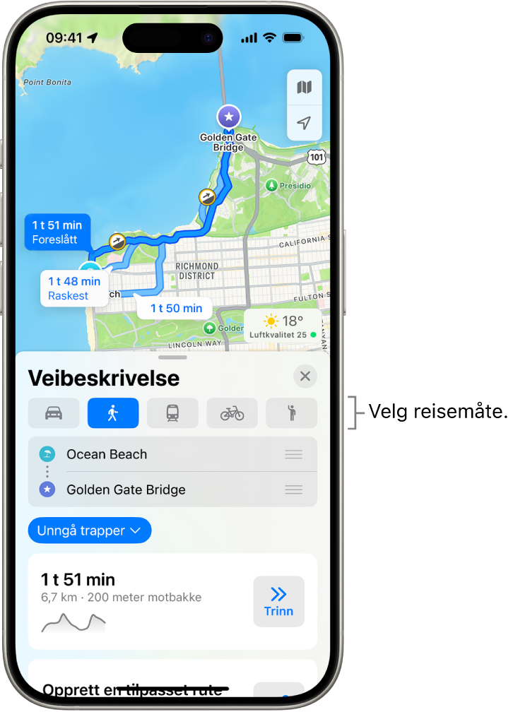 Et kart som viser flere rutealternativer mellom to bestemmelsessteder, med knapper for å velge andre reisemoduser, bytte startpunkt og bestemmelsessted og vise veibeskrivelsene som trinn.