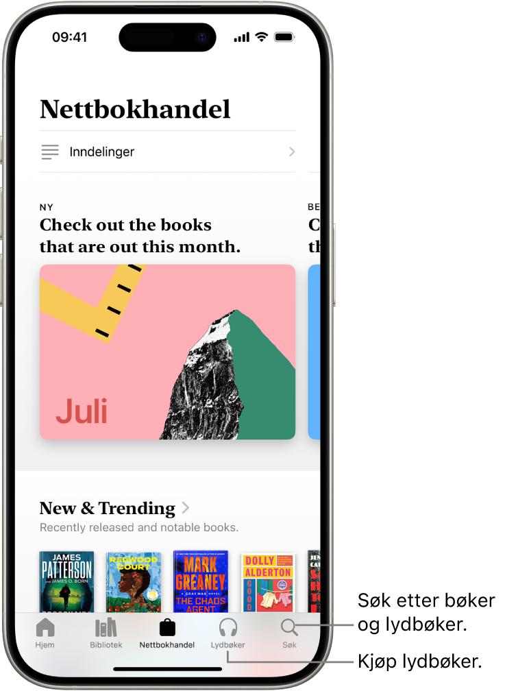 Nettbokhandel-skjermen i Bøker-appen. Nederst på skjermen, fra venstre mot høyre vises fanene Hjem, Bibliotek, Nettbokhandel, Lydbøker og Søk. Nettbokhandel-fanen er markert.