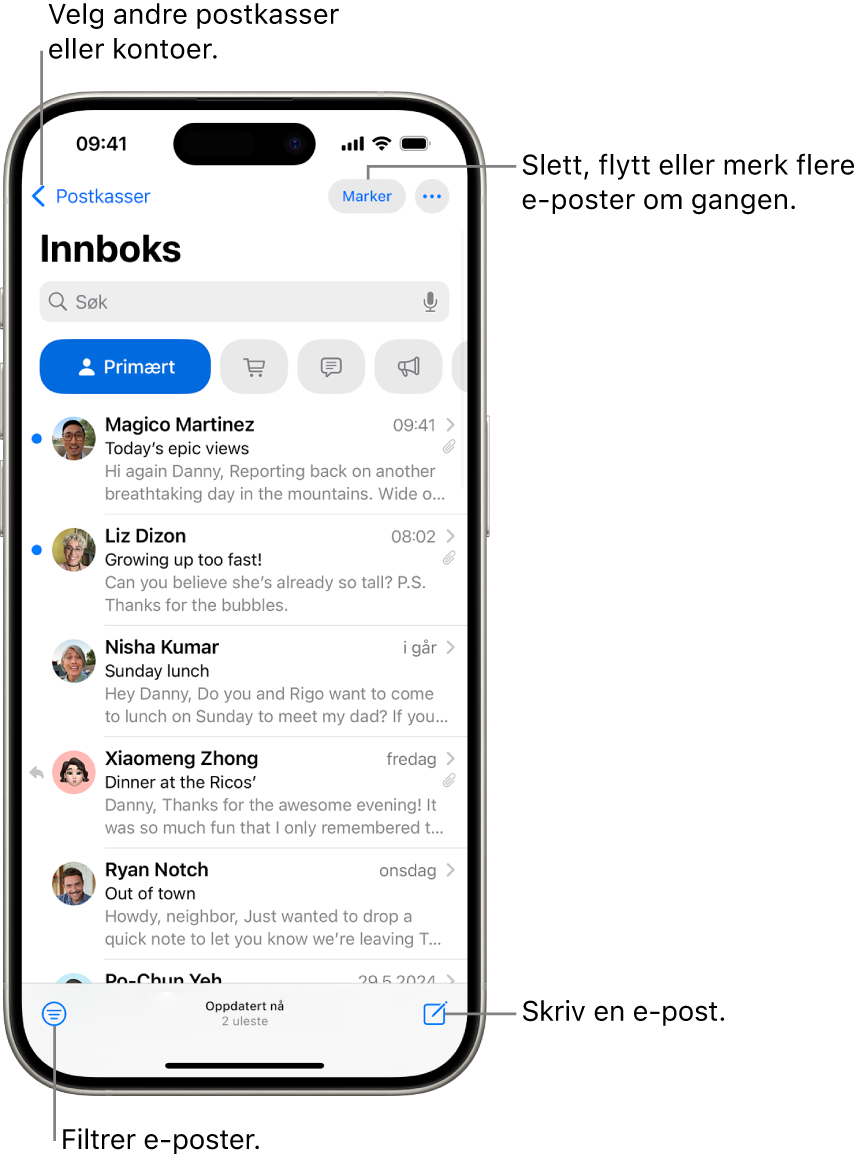 Innboksen i Mail, som viser en liste med e-poster.