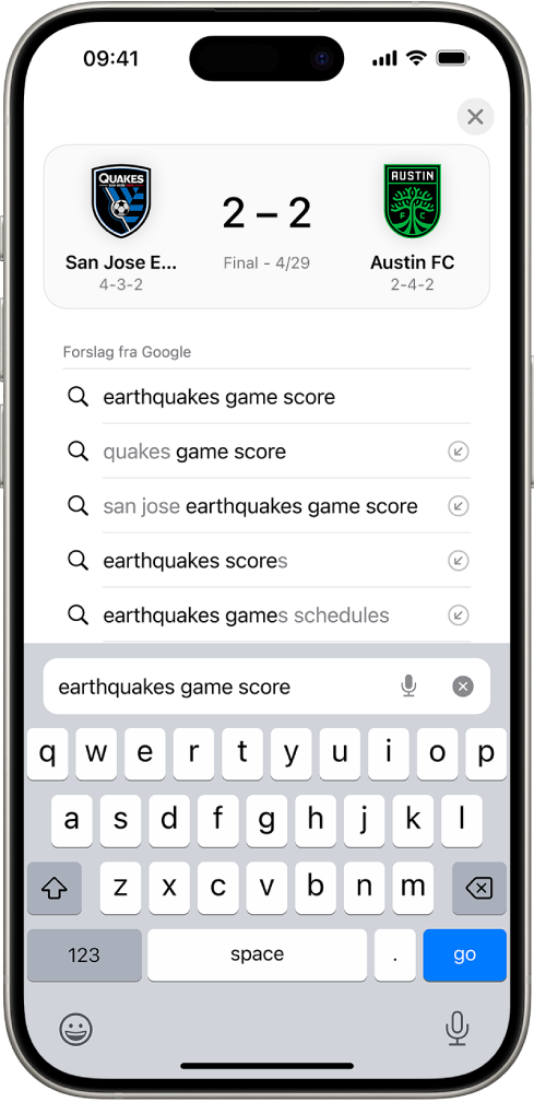 En søkeskjerm for Safari, med skjermtastaturet nederst på skjermen. Over tastaturet har søkefeltet følgende tekst: «earthquakes game score».