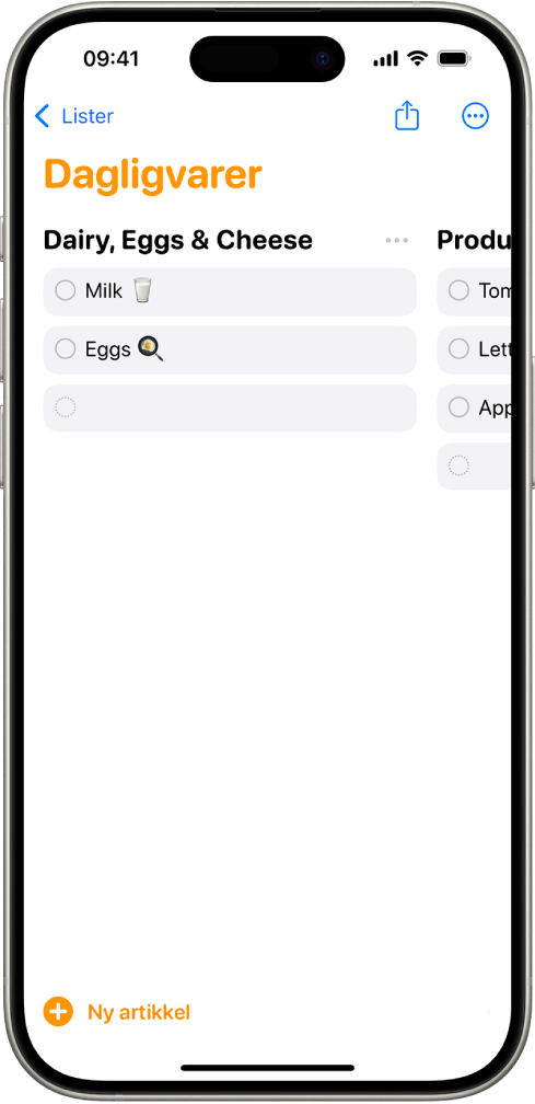 Påminnelser-appen som viser en handleliste med kategoriene organisert som kolonner.