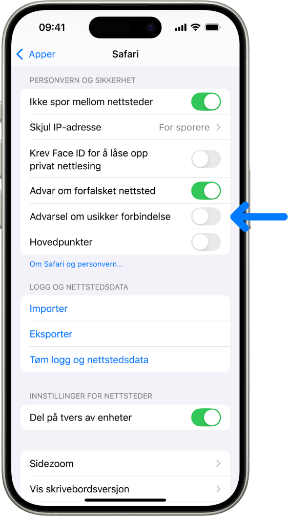 Advarsel om usikker forbindelse-kontrollen, under Personvern og sikkerhet på Safari-skjermen i Innstillinger.