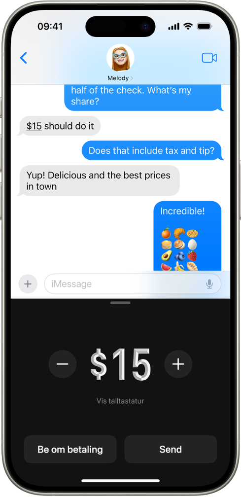En iMessage-samtale med Apple Pay åpen nederst.