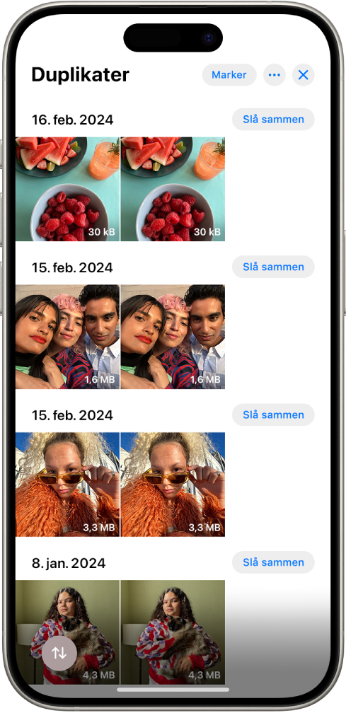 Duplikater-skjermen, som viser duplikater av bilder ved siden av hverandre. På høyre side av skjermen er det Slå sammen-knapper for å slå sammen hvert par av duplikater av bilder.