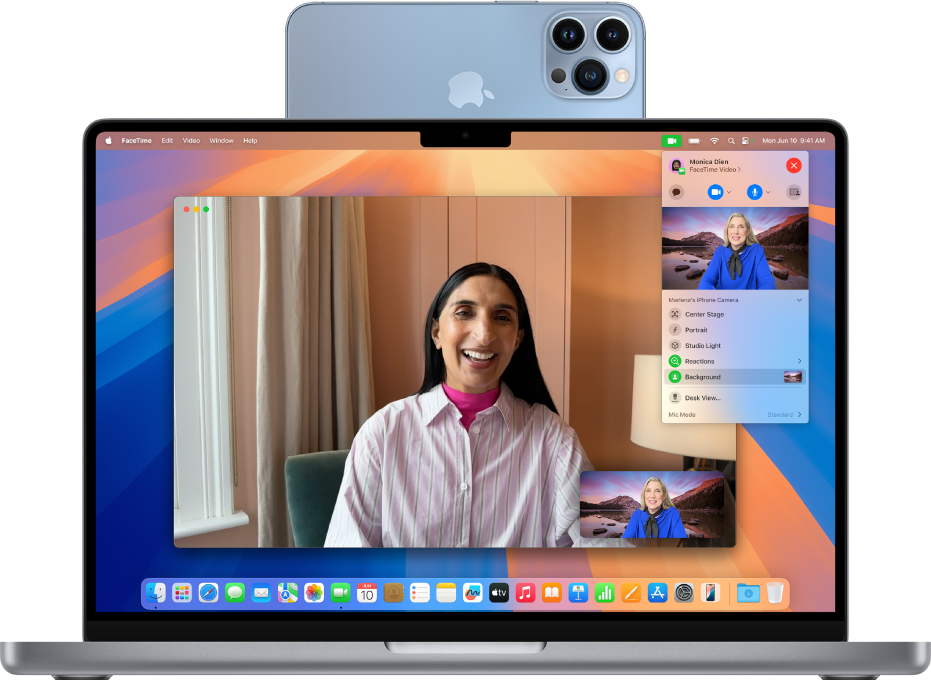 ଏକ MacBook Pro ଏକ iPhoneକୁ ୱେବ୍କ୍ଯାମ୍ ଭାବରେ ବ୍ୟବହାର କରୁଛି ଏବଂ ଏକ FaceTime ବାର୍ତ୍ତାଳାପ ଦେଖାଯାଉଛି।