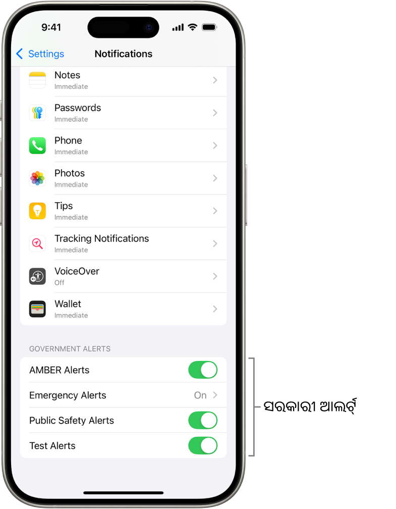 ନୋଟିଫିକେଶନ୍ ସ୍କ୍ରୀନ୍‌, ଯାହା ସରକାରୀ ଆଲର୍ଟ୍‌ ଦେଖାଉଛି ଯାହକୁ ଆପଣ ଚାଲୁ କରି ସରକାରୀ ଆଲର୍ଟ୍‌ ପାଇପାରିବେ।