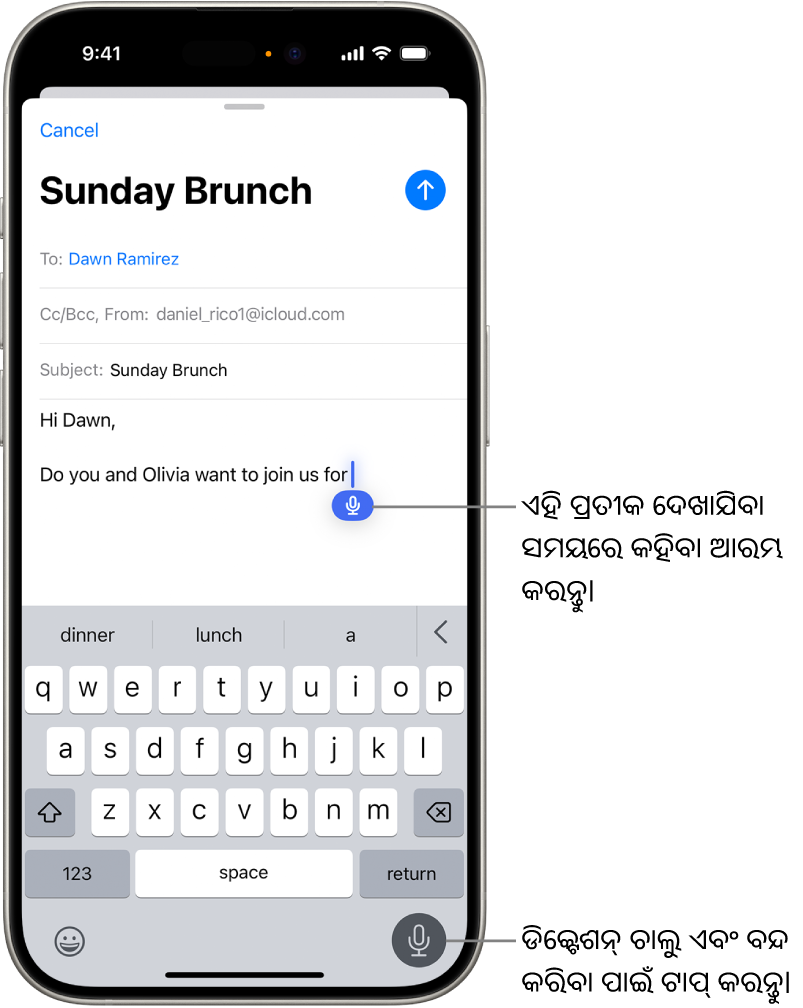 Mailରେ ଅନ୍ସ୍କ୍ରୀନ୍ କୀ’ବୋର୍ଡ୍ ଖୋଲା ଅଛି। ସ୍କ୍ରୀନ୍ର ସର୍ବାତଳ-ଡାହାଣ କୋଣରେ ଥିବା ଡିକ୍ଟେଶନ୍ ବଟନ୍ ଚୟନ କରାଯାଇଛି ଏବଂ ଟେକ୍ସଟ୍ ଫିଲ୍ଡ୍ରେ ଇନ୍ସର୍ଶନ୍ ପଏଣ୍ଟ୍ ତଳେ ଡିକ୍ଟେଶନ୍ ବଟନ୍ ଦେଖାଯାଉଛି।