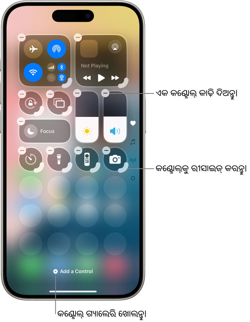 ପ୍ରତ୍ଯେକ କଣ୍ଟ୍ରୋଲ୍‌ରେ ହ୍ୟାଣ୍ଡେଲ୍ ରିସାଇଜ୍ କରନ୍ତୁ ଏବଂ “କାଢ଼ି ଦିଅନ୍ତୁ” ବଟନ୍ ସହିତ କଣ୍ଟ୍ରୋଲ୍ ସେଣ୍ଟର୍ ଏଡିଟ୍‌ କରାଯାଉଛି।