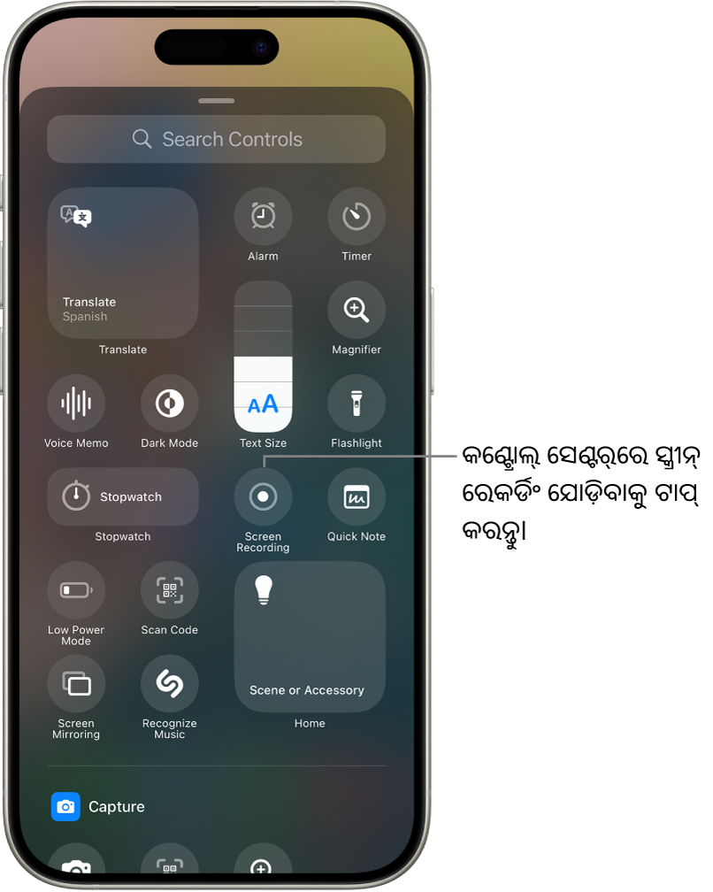 ସ୍କ୍ରୀନ୍ ମଝିରେ ସ୍କ୍ରୀନ୍ ରେକର୍ଡିଂ ବଟନ୍ ସହିତ କଣ୍ଟ୍ରୋଲ୍ ଗ୍ଯାଲେରି।