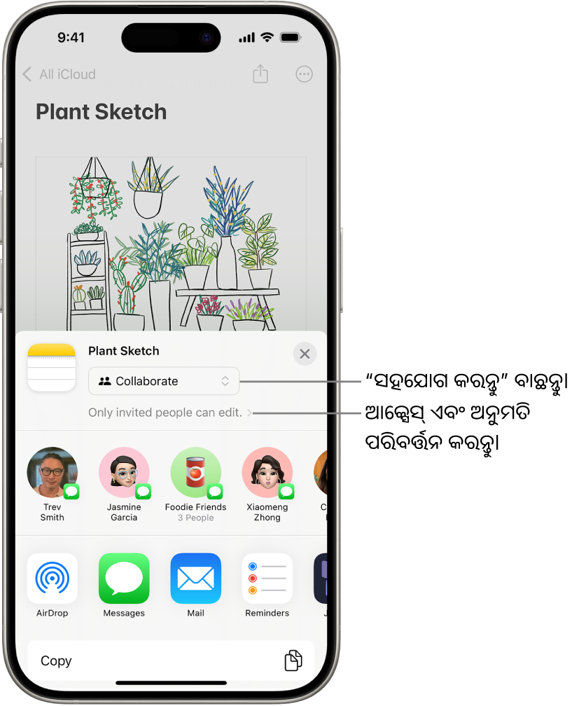 ନୋଟ୍ରେ ଏକ ଡ୍ରଇଂ ପାଇଁ ଏକ ସହଯୋଗ ଆମନ୍ତ୍ରଣ, ଯେଉଁଥିରେ ଶେୟର୍ ବିକଳ୍ପ ପାଇଁ ସହଯୋଗ ଏବଂ ଆକ୍ସେସ୍ ଏବଂ ଅନୁମତି ସେଟିଂ ଭାବରେ “କେବଳ ଆପଣ ଆମନ୍ତ୍ରଣ କରିଥିବା ଲୋକମାନେ ଏଡିଟ୍ କରିପାରିବେ” ବୋଲି ଦର୍ଶାଯାଇଛି। ଏକ ଗ୍ରୂପ୍ ସମେତ ଚାରି ଜଣ ସମ୍ଭାବ୍ଯ ପ୍ରାପ୍ତକର୍ତ୍ତା ତା’ତଳେ ଏକ ଧାଡ଼ି ତଆରି କରୁଛନ୍ତି। ନିମ୍ନରେ ଥିବା ଧାଡ଼ି ନୋଟ୍ ଶେୟର୍ କରିବା ପାଇଁ ବିଭିନ୍ନ ଉପାୟ ପ୍ରଦାନ କରୁଛି: AirDrop, ମେସେଜ୍, Mail, ଏବଂ Freeform।