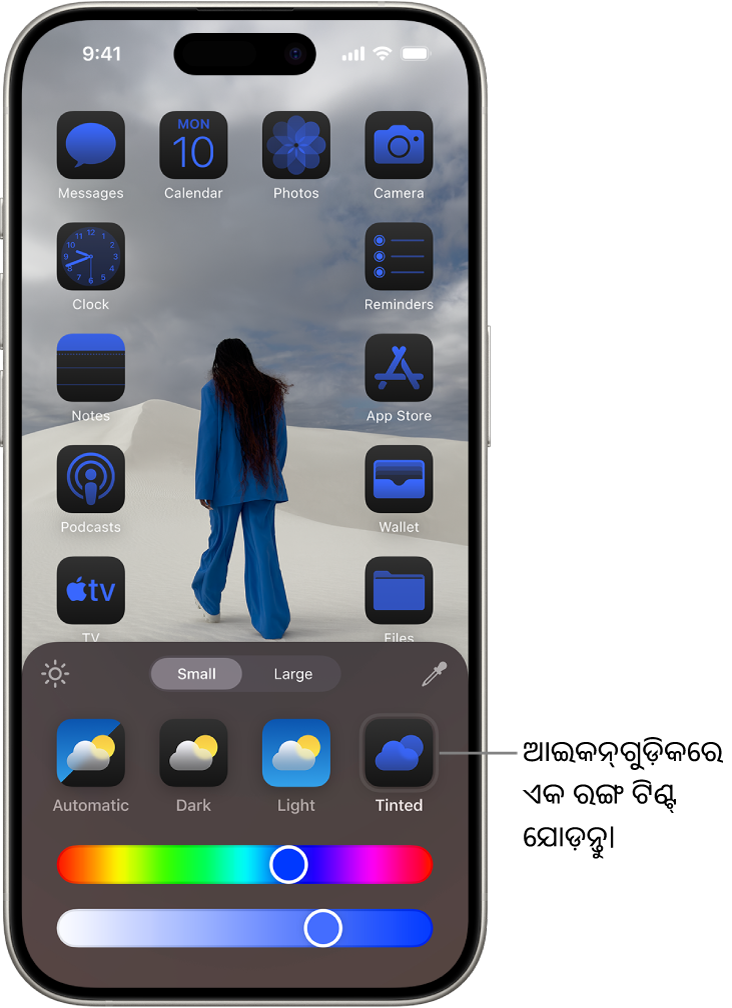 ଏକ କଷ୍ଟମାଇଜ୍ ହୋଇଥିବା ହୋମ୍ ସ୍କ୍ରୀନ୍ ଯେଉଁଥିରେ ଆଇକନ୍‌ଗୁଡ଼ିକ ନୀଳ ରଙ୍ଗର ଏବଂ ଫଟୋ ଫ୍ରେମ୍ କରିବା ପାଇଁ ବ୍ୟବସ୍ଥିତ କରାଯାଇଛି ଏବଂ ଆଇକନ୍‌ଗୁଡ଼ିକ କଷ୍ଟମାଇଜ୍ କରିବା ପାଇଁ ସ୍କ୍ରୀନ୍‌ର ନିମ୍ନରେ କଣ୍ଟ୍ରୋଲ୍‌ଗୁଡ଼ିକ ଅଛି। ବିକଳ୍ପଗୁଡ଼ିକ ମଧ୍ୟରେ ସ୍ୱୟଂଚାଳିତ, ଡାର୍କ୍‌, ଲାଇଟ୍ ଏବଂ ଟିଣ୍ଟେଡ୍ ବଟନ୍, ରଙ୍ଗ ଏବଂ ସାଚୁରେସନ୍ ବାଛିବା ପାଇଁ ସ୍ଲାଇଡର୍ ଏବଂ ଆଇକନ୍‌ର ସାଇଜ୍‌ ସେଟ୍ କରିବା ପାଇଁ ଛୋଟ ଏବଂ ବଡ଼ ବଟନ୍ ଅନ୍ତର୍ଭୁକ୍ତ।