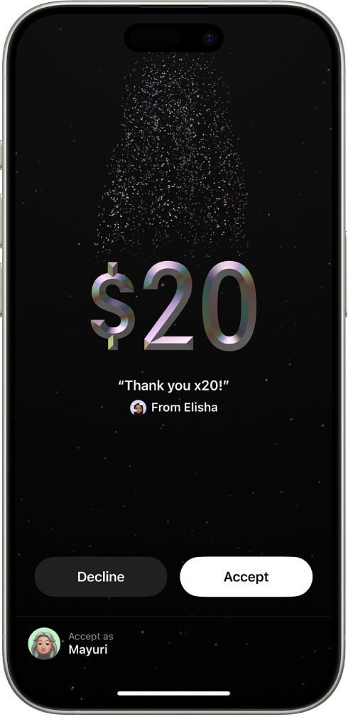 ୱଲେଟ୍ରେ ଥିବା Tap to Cash ସ୍କ୍ରୀନ୍, ଯେଉଁଥିରେ $20 ଟ୍ରାନ୍ସ୍ଫର୍ ହେଉଥିବା ଏବଂ ସ୍କ୍ରୀନ୍ର ନିମ୍ନରେ “ଅସ୍ୱୀକାର କରନ୍ତୁ” ଏବଂ “ଗ୍ରହଣ କରନ୍ତୁ” ବଟନ୍ ଦେଖାଯାଉଛି।