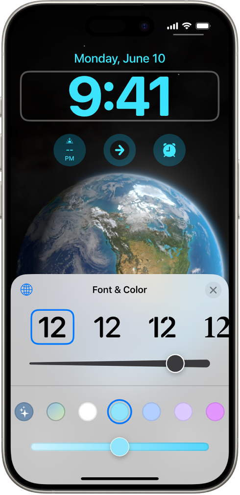 iPhone ਲੌਕ ਸਕਰੀਨ ਸਮੇਂ ਦੇ ਫੌਂਟ ਅਤੇ ਰੰਗ ਨੂੰ ਬਦਲਣ ਲਈ ਕੰਟਰੋਲ ਦਿਖਾ ਰਹੀ ਹੈ।