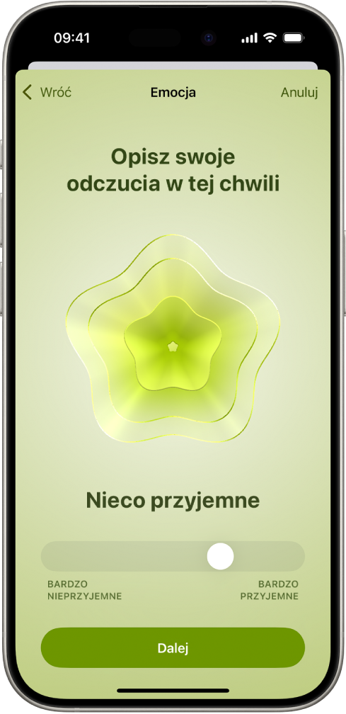 Ekran aplikacji Zdrowie z aktualnymi odczuciami ustawionymi jako nieco przyjemne. Na dole ekranu widoczny jest suwak do określania siły emocji.