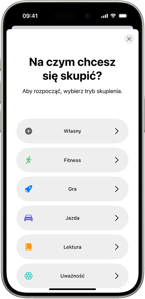 Ekran konfiguracji dodatkowych gotowych trybów skupienia, takich jak Własny, Jazda, Fitness, Gra, Uważność oraz Lektura.