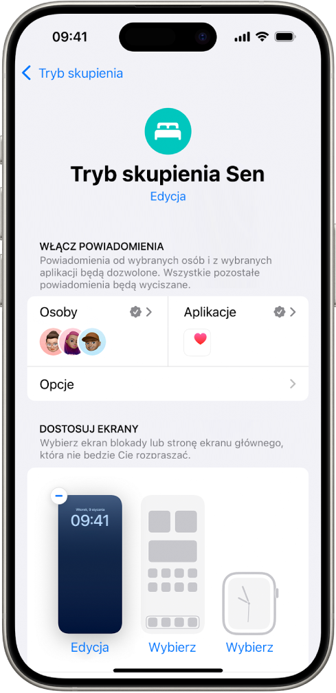 Ekran trybu skupienia Sen z widocznymi trzema osobami i jedną aplikacją, od których dozwolone są powiadomienia.