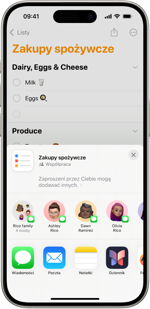 Aplikacja Przypomnienia wyświetlająca listę zakupów z opcjami udostępniania na dole.