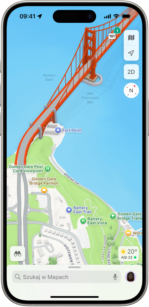 Mapa parku i ulic 3D, przedstawiająca drzewa, ważne miejsca oraz między innymi toalety.