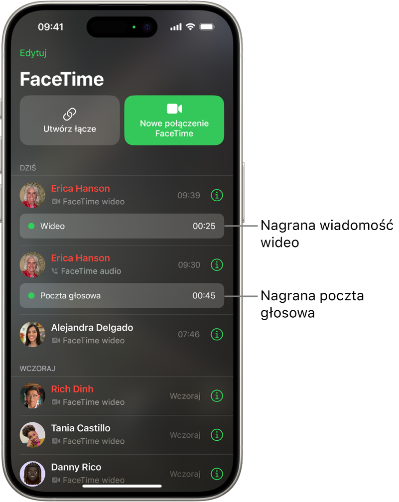 Historia połączeń FaceTime z łączami do nagranej wiadomości wideo oraz wiadomości głosowej.