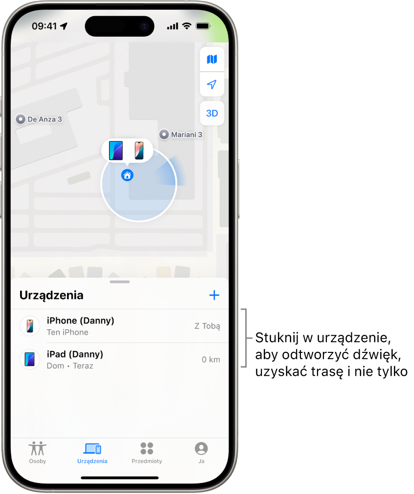Lista Urządzenia w aplikacji Znajdź. Na liście widoczne są dwa urządzenia: iPhone (Daniel) oraz iPad (Daniel). Ich położenie jest wyświetlane na mapie.