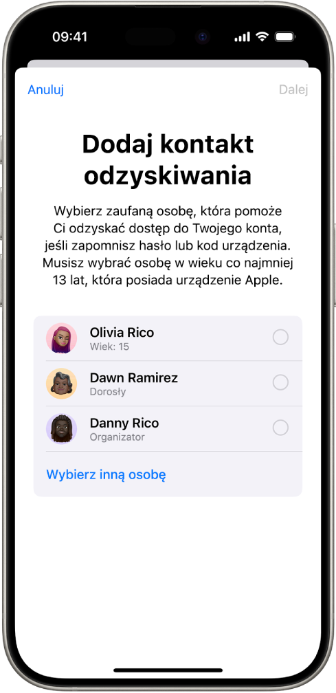 Ekran dodawania kontaktu odzyskiwania.