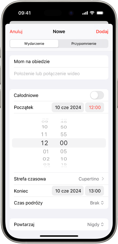 Wydarzenie w kalendarzu z widocznymi ustawieniami czasu i strefy czasowej.