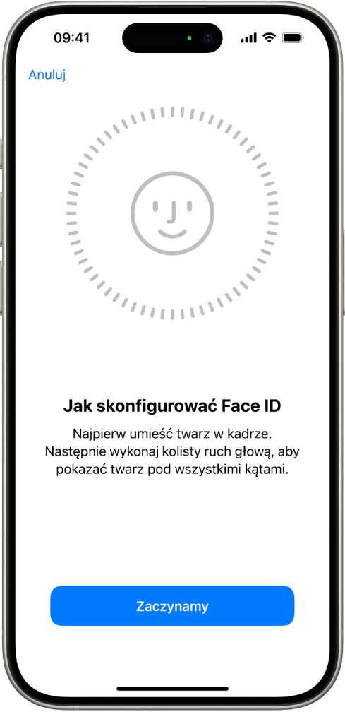 Ekran konfiguracji funkcji Face ID. Na ekranie widoczna jest twarz otoczona okręgiem. Tekst na dole prosi użytkownika, aby wykonał powoli kolisty ruch głową.