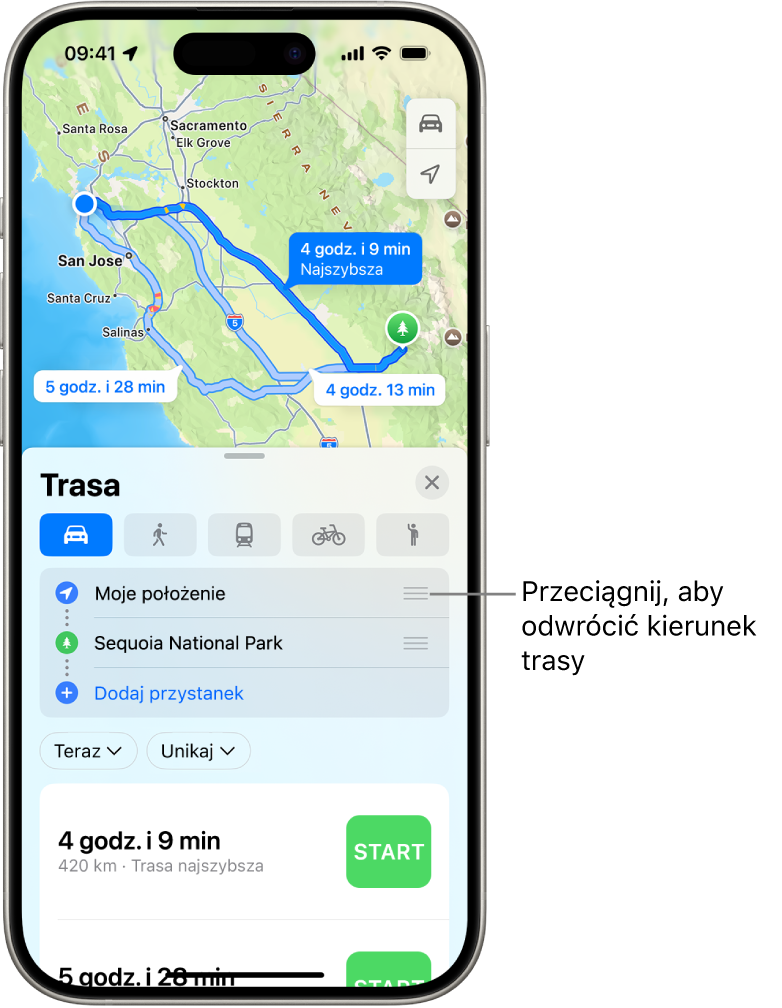 Mapa z kilkoma możliwymi trasami przejazdu samochodem między Twoim położeniem a miejscem docelowym.
