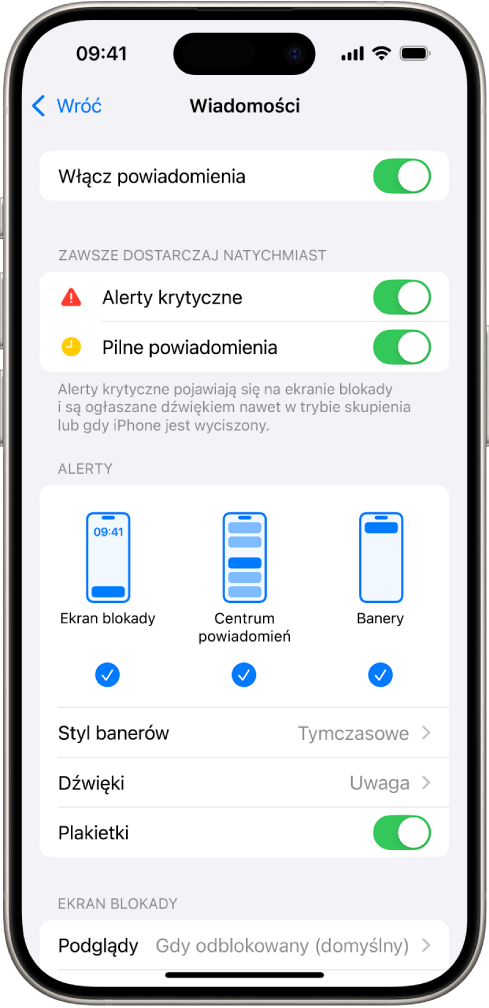 iPhone z ustawieniami Wiadomości dotyczącymi powiadomień i alertów.