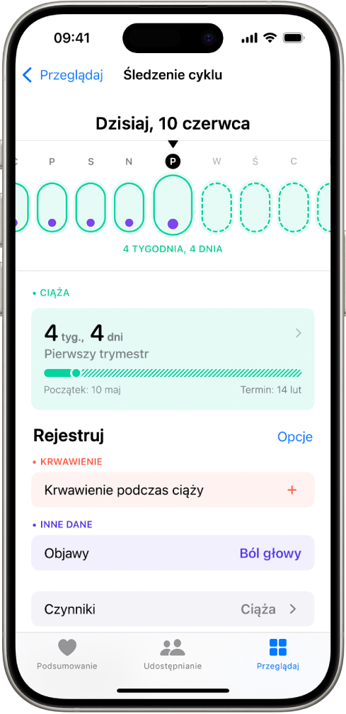Ekran śledzenia cyklu. Na górze ekranu widoczna jest linia czasowa ciąży przedstawiająca tydzień. Pierwsze pięć dni na linii czasowej oznaczone jest jasnozielonymi owalami oraz purpurowymi kropkami. Pozostałe dni na linii czasowej są oznaczone zakreskowanymi jasnozielonymi owalami. Poniżej linii czasowej widoczne jest podsumowanie ciąży, zawierające wiek ciąży, jej początek oraz szacowany termin porodu. Poniżej podsumowania ciąży widoczne są opcje umożliwiające między innymi dodawanie informacji o krwawieniu podczas ciąży i objawach.