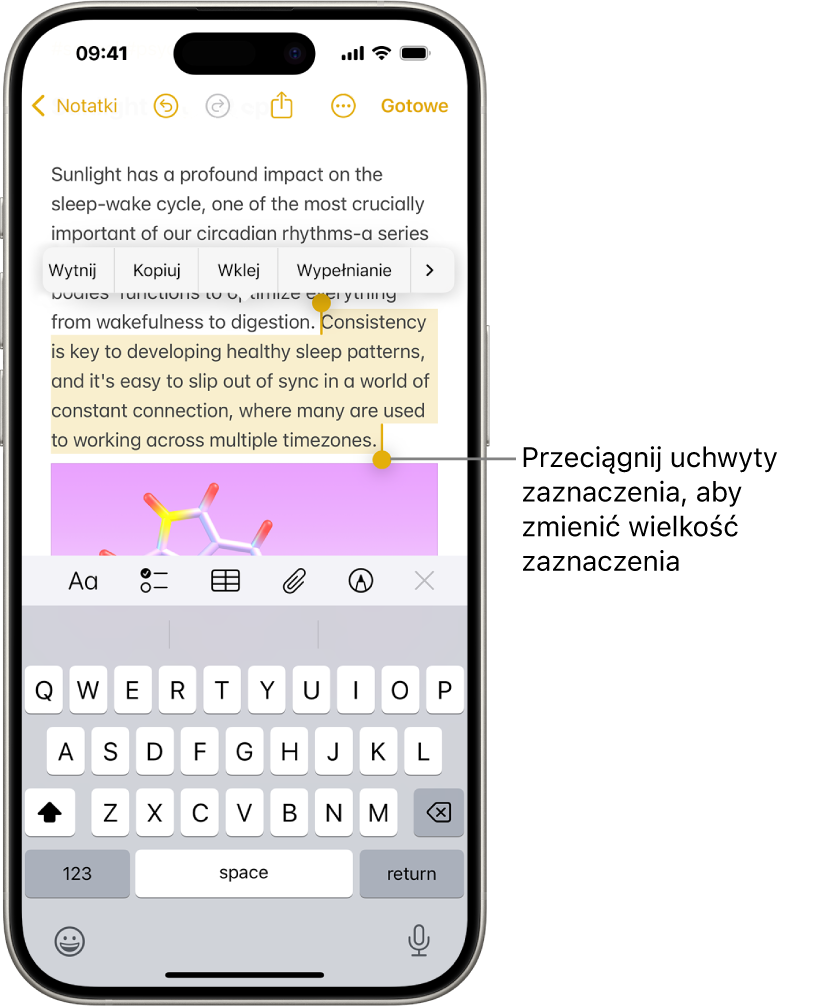 Zaznaczony tekst w notatce w aplikacji Notatki. Powyżej zaznaczonego tekstu znajdują się przyciski Wytnij, Kopiuj, Wklej oraz Wypełnianie. Zaznaczony tekst jest wyróżniony. Na obu jego końcach widoczne są uchwyty zaznaczenia umożliwiające korygowanie zaznaczenia.