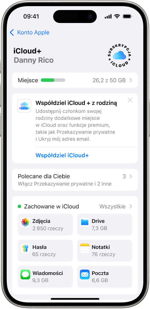 Ekran ustawień iCloud zawierający wskaźnik wykorzystania dostępnego miejsca w iCloud oraz listę aplikacji i funkcji, takich jak Zdjęcia, iCloud Drive i Poczta w iCloud, których można używać z iCloud.